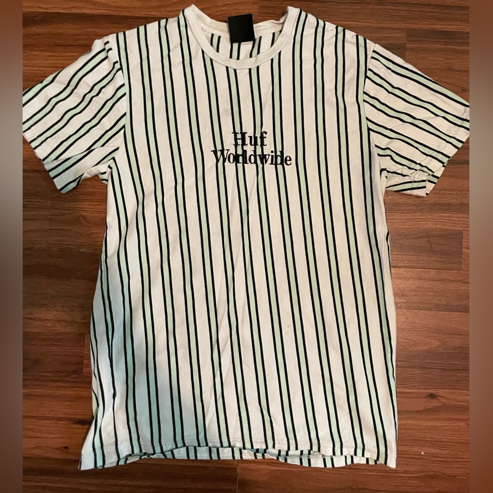 HUF t shirt hufworldwide white and aqua blue stripes size large